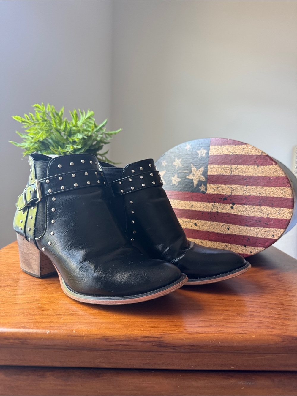 Olivia Miller Black Studded Leather Ankle Booties with Buckle